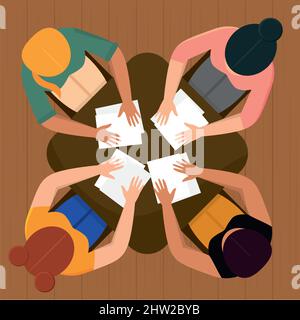 Groupe de personnes se rassemblant autour d'un bureau concept de travail d'équipe Illustration vectorielle Illustration de Vecteur