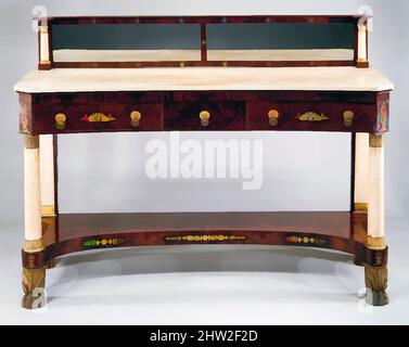 Art inspiré par Sideboard Table, 1815–20, fabriqué à New York, New York, États-Unis, américain, acajou, marbre, bronze doré, pin blanc, peuplier, 53 x 72 x 24 po. (134,6 x 182,9 x 61 cm), mobilier, en forme, ce panneau latéral architectural audacieux est fondamentalement un énorme, pilier, œuvres classiques modernisées par Artotop avec un peu de modernité. Formes, couleur et valeur, impact visuel accrocheur sur l'art émotions par la liberté d'œuvres d'art d'une manière contemporaine. Un message intemporel qui cherche une nouvelle direction créative. Artistes qui se tournent vers le support numérique et créent le NFT Artotop Banque D'Images