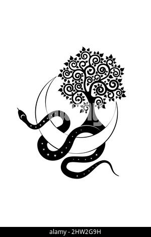 Serpent noir sur la Lune du croissant et arbre de vie. Géométrie sacrée, symbole de la déesse mystique céleste païenne de Wiccan. Demi-lune wicca bannière signe, tatouage Illustration de Vecteur