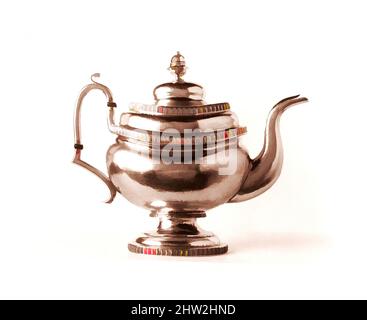 Art inspiré par Teapot, env. 1825, fabriqué à New York, New York, États-Unis, américain, argent, Total : 9 3/8 x 11 5/16 x 5 3/8 pouces (23,8 x 28,7 x 13,7 cm) ; 23 oz. 19 l/h (745,5 g), argent, Garrett Eoff (1779–1845, oeuvres classiques modernisées par Artotop avec une touche de modernité. Formes, couleur et valeur, impact visuel accrocheur sur l'art émotions par la liberté d'œuvres d'art d'une manière contemporaine. Un message intemporel qui cherche une nouvelle direction créative. Artistes qui se tournent vers le support numérique et créent le NFT Artotop Banque D'Images