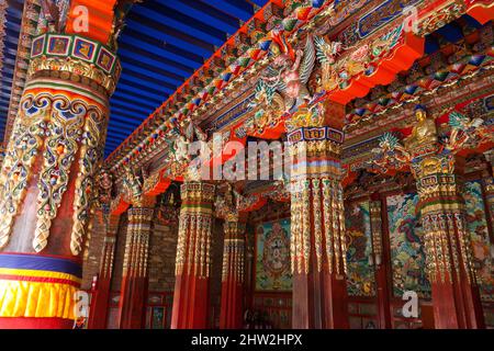 Monastère tibétain peintures du temple magnifiquement décorées peinture au Serti Gompa à Langmusi / décoration et divinité peintes ornées / divinités importantes pour la religion bouddhiste, au Sertri Gompa / Monastère de Dacanglang (Dacanglangmu Saichisi). Une célèbre Lamasery à Langmusi, province de Gansu, Chine RPC (125) Banque D'Images