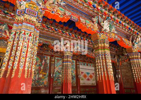 Monastère tibétain peintures du temple magnifiquement décorées peinture au Serti Gompa à Langmusi / décoration et divinité peintes ornées / divinités importantes pour la religion bouddhiste, au Sertri Gompa / Monastère de Dacanglang (Dacanglangmu Saichisi). Une célèbre Lamasery à Langmusi, province de Gansu, Chine RPC (125) Banque D'Images