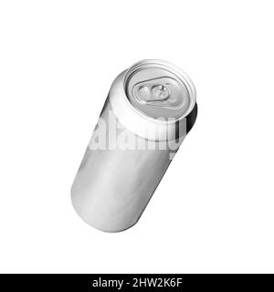 Boîte en aluminium brillant entièrement fermée isolée sur fond blanc, emballage standard pour boissons gazeuses, photo verticale Banque D'Images