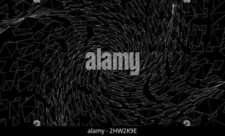 Espace abstrait des triangles pointus en mouvement. Animation. Les triangles sombres et tranchants se rassemblent dans l'espace en forme de spirale. Les triangles brisés sont reliés en un seul s. Banque D'Images