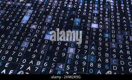 Modification des chiffres et des lettres. Animation. Arrière-plan coloré des cellules avec modification des chiffres et des lettres. Séquence de modification des chiffres et des lettres en co Banque D'Images