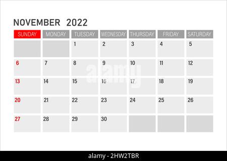 Icône du calendrier de novembre 2022.Novembre 2022.Planeur pour novembre.Planification du temps Illustration de Vecteur