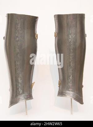 Art inspiré par paire de Greaves (défenses de la jambe inférieure), env. 1570, italien, acier, ; L. 13 7/8 po. (35,3 cm) ; avec 5 po (12,7 cm) ; D. 4 1/2 po (11,4 cm) ; poids 1 lb 7,6 oz (669 g) ; L. 13 7/8 po. (35,3 cm) ; avec 5 po (12,7 cm) ; D. 4 1/2 po (11,4 cm) ; poids 1 lb 6,1 oz (626,5 g), Armour, œuvres classiques modernisées par Artotop avec une touche de modernité. Formes, couleur et valeur, impact visuel accrocheur sur l'art émotions par la liberté d'œuvres d'art d'une manière contemporaine. Un message intemporel qui cherche une nouvelle direction créative. Artistes qui se tournent vers le support numérique et créent le NFT Artotop Banque D'Images