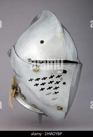 Art inspiré par Close Helmet for the Tourney, fin du 16th siècle, Augsbourg, allemand, Augsbourg, Acier, laiton, toile, soie, H. 11 po. (27,9 cm) ; avec 8 13/16 po (22,4 cm) ; D. 12 po (30,5 cm) ; poids 8 lb (3629 g), casques, le tourney a été un combat simulé combattu dans un champ ouvert entre deux, les œuvres classiques modernisées par Artotop avec un peu de modernité. Formes, couleur et valeur, impact visuel accrocheur sur l'art émotions par la liberté d'œuvres d'art d'une manière contemporaine. Un message intemporel qui cherche une nouvelle direction créative. Artistes qui se tournent vers le support numérique et créent le NFT Artotop Banque D'Images