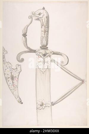 Art inspiré par le dessin de design pour le Sword hilt et le bout de smabard (Dolphin-Head Grip), deuxième moitié du siècle 16th, allemand, encre sur papier, 16 7/16 x 11 3/8 po. (41,7 x 28,8 cm), œuvres sur papier-dessins, œuvres classiques modernisées par Artotop avec une touche de modernité. Formes, couleur et valeur, impact visuel accrocheur sur l'art émotions par la liberté d'œuvres d'art d'une manière contemporaine. Un message intemporel qui cherche une nouvelle direction créative. Artistes qui se tournent vers le support numérique et créent le NFT Artotop Banque D'Images