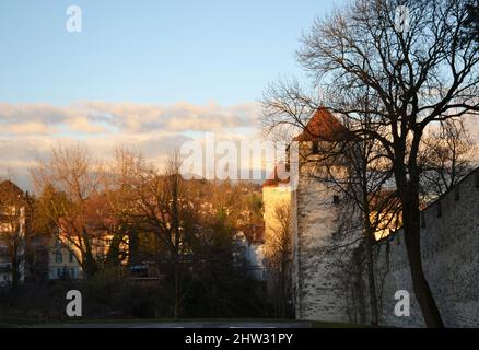 Le vieux château de Lucerne se dresse au coucher du soleil Banque D'Images