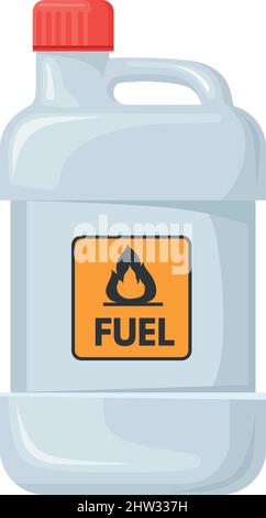 Bidon de carburant en plastique avec panneau inflammable. Conteneur de liquide explosif isolé sur fond blanc Illustration de Vecteur