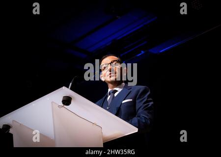 Jean Messiha participant à la campagne présidentielle d'Eric Zemmour, réunion de soutien pour la Reconquete. Jean Messiha est un économiste, homme politique et ancien haut fonctionnaire français d'origine égyptienne. Saint-Brieuc, Bretagne, France. Banque D'Images