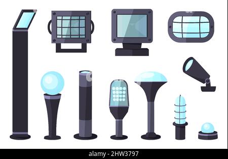 Ensemble de luminaires pour jardin urbain. Feu de rue avant à l'extérieur de l'intérieur de bâtiment technique de cour rue. Moderne classique de style gothique conception de différentes tailles électricité de route isolée Illustration de Vecteur