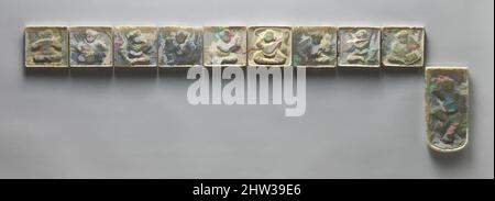 Art inspiré par 唐 胡人樂舞紋玉帶板（十件）, ensemble de dix plaques de ceinture, dynastie Tang (618–907), 7th–début du 8th siècle, Chine, Jade (néphrite), Chaque pièce carrée : 2 1/4 x 2 1/4 po. (5,7 x 5,7 cm) ; embout : 4 3/8 x 2 1/4 po. (11,1 x 5,7 cm), Jade, Jade de Kholan dans le bassin de Tarim était abondant, les œuvres classiques modernisées par Artotop avec un peu de modernité. Formes, couleur et valeur, impact visuel accrocheur sur l'art émotions par la liberté d'œuvres d'art d'une manière contemporaine. Un message intemporel qui cherche une nouvelle direction créative. Artistes qui se tournent vers le support numérique et créent le NFT Artotop Banque D'Images