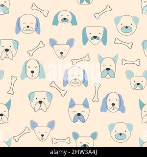 Motif puéril sans couture avec visages pour chiens.Fond de pépinière créatif.Idéal pour les enfants : design, tissu, emballage, papier peint, textile,vêtements Illustration de Vecteur