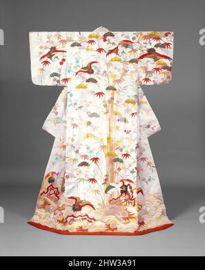 Art inspiré par 白綸子地松竹梅鶴亀模様打掛, Robe extérieure (Uchikake) avec le Mont Hōrai, époque Edo (1615–1868), deuxième moitié du 18th siècle – première moitié du 19th siècle, Japon, soie et fil métallique brodé sur soie satin Damas avec détails teints par pochoir, total: 73 x 48 po. (185,4 x 121,9, œuvres classiques modernisées par Artotop avec une touche de modernité. Formes, couleur et valeur, impact visuel accrocheur sur l'art émotions par la liberté d'œuvres d'art d'une manière contemporaine. Un message intemporel qui cherche une nouvelle direction créative. Artistes qui se tournent vers le support numérique et créent le NFT Artotop Banque D'Images