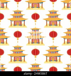Dessin animé maison chinoise sans couture.Symboles chinois de la pièce de monnaie avec hiéroglyphes, yin-yang, fan rouge, lanternes.Signes traditionnels Illustration de Vecteur