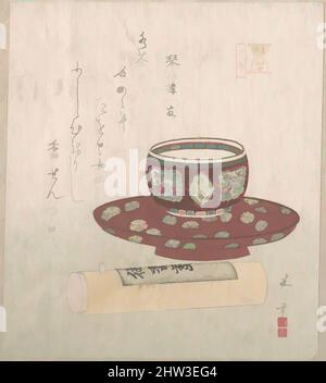 Art inspiré par le Teabowl et le gâteau en poudre dans un tube, 19th siècle, Japon, partie d'un album de gravures sur bois (suribono); encre et couleur sur papier, 8 1/4 x 7 1/4 po. (21 x 18,4 cm), Prints, Sunayama Gosei (japonais, 18th–19th siècle, oeuvres classiques modernisées par Artotop avec une touche de modernité. Formes, couleur et valeur, impact visuel accrocheur sur l'art émotions par la liberté d'œuvres d'art d'une manière contemporaine. Un message intemporel qui cherche une nouvelle direction créative. Artistes qui se tournent vers le support numérique et créent le NFT Artotop Banque D'Images