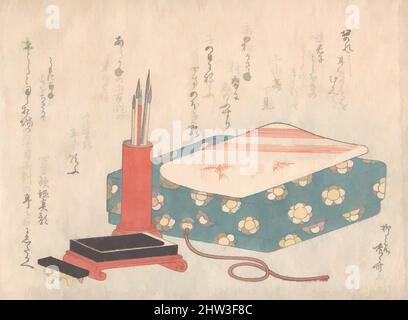 Art inspiré par 文具一式, jeu d'écriture et boîte de cartes de poème (Shikishi-bako), de Spring Rain Surimono Album (Harusame surimono-jō), vol. 1, période Edo (1615–1868), ca. 1805–10, Japon, imprimés polychromes (surimono) publiés en privé, montés dans un album; encre et couleur sur papier, 4 15/, œuvres classiques modernisées par Artotop avec une touche de modernité. Formes, couleur et valeur, impact visuel accrocheur sur l'art émotions par la liberté d'œuvres d'art d'une manière contemporaine. Un message intemporel qui cherche une nouvelle direction créative. Artistes qui se tournent vers le support numérique et créent le NFT Artotop Banque D'Images