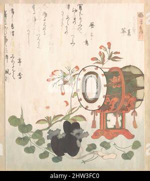 Art inspiré par Aoi Plant, cerisiers en fleurs, tambour et chapeau d'Eboshi représentant le chapitre 'Aoi' de l'histoire de Genji, période Edo (1615–1868), 19th Century, Japon, imprimé polychrome sur bois (surimono); encre et couleur sur papier, 7 3/4 x 6 1/2 po. (19,7 x 16,5 cm), tirages, Ryūryūkyo, oeuvres classiques modernisées par Artotop avec une touche de modernité. Formes, couleur et valeur, impact visuel accrocheur sur l'art émotions par la liberté d'œuvres d'art d'une manière contemporaine. Un message intemporel qui cherche une nouvelle direction créative. Artistes qui se tournent vers le support numérique et créent le NFT Artotop Banque D'Images