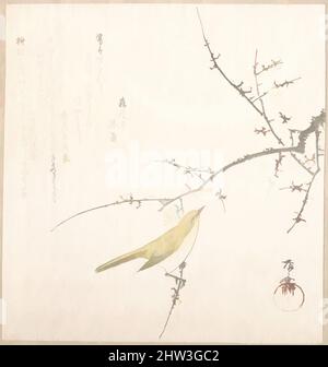 Art inspiré par la Nouvelle Lune ; Nightingale sur une branche de Plum, époque Edo (1615–1868), 19th siècle, Japon, imprimé en polychrome (surimono) ; encre et couleur sur papier, 7 13/16 x 7 5/16 po. (19,8 x 18,6 cm), tirages, Ryūryūkyo Shinsai (japonais, active ca. 1799–1823, œuvres classiques modernisées par Artotop avec une touche de modernité. Formes, couleur et valeur, impact visuel accrocheur sur l'art émotions par la liberté d'œuvres d'art d'une manière contemporaine. Un message intemporel qui cherche une nouvelle direction créative. Artistes qui se tournent vers le support numérique et créent le NFT Artotop Banque D'Images