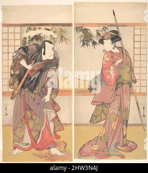 Art inspiré par Osagawa Tsuneyo II dans le rôle d'Oishi et Ichikawa Danjuro V dans le rôle de Honzo, période Edo (1615–1868), ca. 1780, Japon, impression de blocs de bois polychrome; encre et couleur sur papier, image (gauche): 10 7/8 × 5 1/2 po. (27,6 × 14 cm), estampes, Katsukawa Shunshō (, œuvres classiques modernisées par Artotop avec une touche de modernité. Formes, couleur et valeur, impact visuel accrocheur sur l'art émotions par la liberté d'œuvres d'art d'une manière contemporaine. Un message intemporel qui cherche une nouvelle direction créative. Artistes qui se tournent vers le support numérique et créent le NFT Artotop Banque D'Images