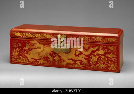 Art inspiré par 明 永樂 紅漆戧金雲龍紋經匣, Sutra Box avec Dragons au milieu des nuages, Ming Dynasty (1368–1644), Yongle Period (1403–24), Chine, laque rouge avec décoration incisée incrustée d'or, serrure et clé en laiton damasqué, H. 5 1/2 po. (14 cm) ; avec 5 po (12,7 cm) ; L. 16 po. (40,6 cm), Lacquer, œuvres classiques modernisées par Artotop avec une touche de modernité. Formes, couleur et valeur, impact visuel accrocheur sur l'art émotions par la liberté d'œuvres d'art d'une manière contemporaine. Un message intemporel qui cherche une nouvelle direction créative. Artistes qui se tournent vers le support numérique et créent le NFT Artotop Banque D'Images