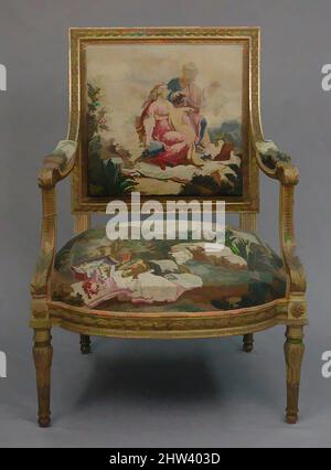 Art inspiré par Armchair, conçu ca. 1786, tissé 1790–91; cadre de chaise deuxième moitié 19th siècle, français, Beauvais, bois sculpté et doré; laine, soie, total: 37 3/4 × 27 × 24 po. (95,9 × 68,6 × 61 cm), d'après une composition de Jean Jacques François le Barbier (français, Rouen 1738–1826), oeuvres classiques modernisées par Artotop avec un peu de modernité. Formes, couleur et valeur, impact visuel accrocheur sur l'art émotions par la liberté d'œuvres d'art d'une manière contemporaine. Un message intemporel qui cherche une nouvelle direction créative. Artistes qui se tournent vers le support numérique et créent le NFT Artotop Banque D'Images