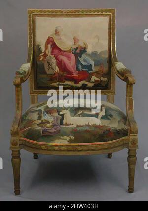 Art inspiré par Armchair, conçu ca. 1786, tissé 1790–91; cadre de chaise deuxième moitié 19th siècle, français, Beauvais, bois sculpté et doré; laine, soie, total: 37 3/4 × 27 × 24 po. (95,9 × 68,6 × 61 cm), d'après une composition de Jean Jacques François le Barbier (français, Rouen 1738–1826), oeuvres classiques modernisées par Artotop avec un peu de modernité. Formes, couleur et valeur, impact visuel accrocheur sur l'art émotions par la liberté d'œuvres d'art d'une manière contemporaine. Un message intemporel qui cherche une nouvelle direction créative. Artistes qui se tournent vers le support numérique et créent le NFT Artotop Banque D'Images