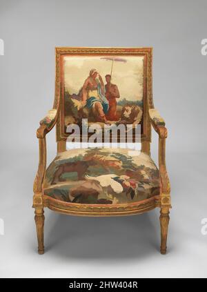 Art inspiré par Armchair, conçu ca. 1786, tissé 1790–91; cadre de chaise deuxième moitié 19th siècle, français, Beauvais, bois sculpté et doré; laine, soie, total: 37 3/4 × 27 × 24 po. (95,9 × 68,6 × 61 cm), d'après une composition de Jean Jacques François le Barbier (français, Rouen 1738–1826), oeuvres classiques modernisées par Artotop avec un peu de modernité. Formes, couleur et valeur, impact visuel accrocheur sur l'art émotions par la liberté d'œuvres d'art d'une manière contemporaine. Un message intemporel qui cherche une nouvelle direction créative. Artistes qui se tournent vers le support numérique et créent le NFT Artotop Banque D'Images