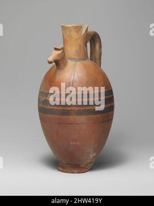 Art inspiré par la carafe en terre cuite avec tête de cheval en relief, Cypro-classique I ou II, 480–350 av. J.-C., chypriote, terre cuite, H.: 13 po. (33 cm), vases, Jug à la tête de cheval, bandes horizontales, et cercles concentriques, oeuvres classiques modernisées par Artotop avec un peu de modernité. Formes, couleur et valeur, impact visuel accrocheur sur l'art émotions par la liberté d'œuvres d'art d'une manière contemporaine. Un message intemporel qui cherche une nouvelle direction créative. Artistes qui se tournent vers le support numérique et créent le NFT Artotop Banque D'Images