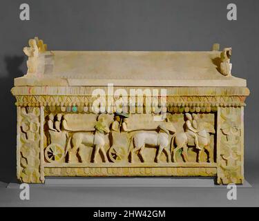 Art inspiré par le sarcophage calcaire: Le sarcophage Amathus, archaïque, 2nd quart du 5th siècle av. J.-C., chypriote, calcaire dur, total: 62 x 93 1/8 x 38 1/2in. (157,5 x 236,6 x 97,8cm), Sculpture de pierre, le sarcophage Amathus est sans doute l'objet le plus important dans les œuvres classiques modernisées par Artotop avec un peu de modernité. Formes, couleur et valeur, impact visuel accrocheur sur l'art émotions par la liberté d'œuvres d'art d'une manière contemporaine. Un message intemporel qui cherche une nouvelle direction créative. Artistes qui se tournent vers le support numérique et créent le NFT Artotop Banque D'Images