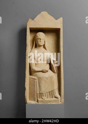 Art inspiré par le monument funéraire Limestone avec une femme assise, hellénistique tardif, 2nd–1st siècle avant J.-C., chypriote, calcaire, Total : 42 x 17 1/2 x 6 3/4 pouces (106,7 x 44,5 x 17,1 cm), Sculpture de pierre, femme assise, avec les mains pliées, portant une tunique, Cloak, et voile, oeuvres classiques modernisées par Artotop avec une touche de modernité. Formes, couleur et valeur, impact visuel accrocheur sur l'art émotions par la liberté d'œuvres d'art d'une manière contemporaine. Un message intemporel qui cherche une nouvelle direction créative. Artistes qui se tournent vers le support numérique et créent le NFT Artotop Banque D'Images