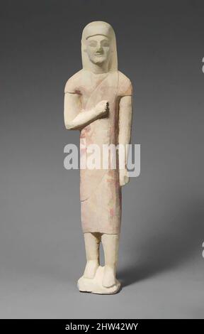 Art inspiré par la statuette Limestone d'un votaire mâle sans barbes en robe grecque, archaïque, milieu ou 3rd quart du 6th siècle avant J.-C., chypriote, calcaire, total: 23 x 6 x 4 1/8 po. (58,4 x 15,2 x 10,5 cm), Sculpture de pierre, la figure porte un chiton qui tombe sous les genoux, avec, oeuvres classiques modernisées par Artotop avec un peu de modernité. Formes, couleur et valeur, impact visuel accrocheur sur l'art émotions par la liberté d'œuvres d'art d'une manière contemporaine. Un message intemporel qui cherche une nouvelle direction créative. Artistes qui se tournent vers le support numérique et créent le NFT Artotop Banque D'Images