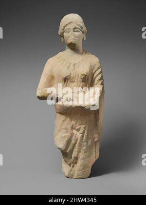 Art inspiré de la statuette Limestone d'un votataire femelle tenant des morceaux de fruit, classique, milieu ou deuxième moitié du 5th siècle avant J.-C., chypriote, Limestone, H.: 17 1/4 x 7 x 4 1/4 po. (43,8 x 17,8 x 10,8 cm), Sculpture en pierre, Femme portant des fruits dans le pli du vêtement, oeuvres classiques modernisées par Artotop avec une touche de modernité. Formes, couleur et valeur, impact visuel accrocheur sur l'art émotions par la liberté d'œuvres d'art d'une manière contemporaine. Un message intemporel qui cherche une nouvelle direction créative. Artistes qui se tournent vers le support numérique et créent le NFT Artotop Banque D'Images