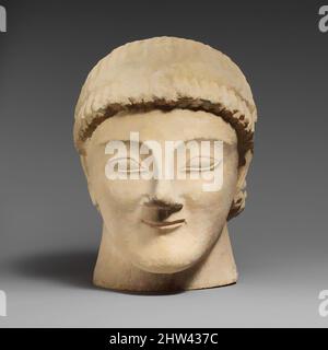 Art inspiré par Limestone tête d'un votaire mâle sans barbes avec une couronne de rosettes, archaïque, dernier quart du 6th siècle av. J.-C., chypriote, calcaire, total: 7 x 5 x 6 po. (17,8 x 12,7 x 15,2 cm), Sculpture en pierre, tête masculine avec fronton décoré de rosettes, oeuvres classiques modernisées par Artotop avec une touche de modernité. Formes, couleur et valeur, impact visuel accrocheur sur l'art émotions par la liberté d'œuvres d'art d'une manière contemporaine. Un message intemporel qui cherche une nouvelle direction créative. Artistes qui se tournent vers le support numérique et créent le NFT Artotop Banque D'Images