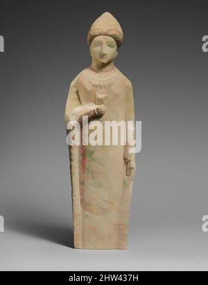 Art inspiré par la statuette Limestone d'un votataire femelle tenant une fleur, classique, fin 5th ou début 4th siècle avant J.-C., chypriote, calcaire, total: 19 3/4 x 5 3/4 x 2 3/8 po. (50,2 x 14,6 x 6 cm), Sculpture de pierre, Femme avec des colliers élaborés, tenant une fleur, oeuvres classiques modernisées par Artotop avec une touche de modernité. Formes, couleur et valeur, impact visuel accrocheur sur l'art émotions par la liberté d'œuvres d'art d'une manière contemporaine. Un message intemporel qui cherche une nouvelle direction créative. Artistes qui se tournent vers le support numérique et créent le NFT Artotop Banque D'Images