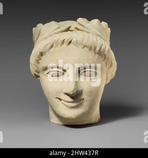 Art inspiré par Limestone tête d'un votaire mâle sans barbes avec une couronne de feuilles, Cypro-classique I, 2nd moitié du 5th siècle avant J.-C., Cypriote, Limestone, total: 6 1/4 x 3 1/2 po. (15,9 x 8,9 cm), Sculpture en pierre, figurine masculine portant une couronne, œuvres classiques modernisées par Artotop avec une touche de modernité. Formes, couleur et valeur, impact visuel accrocheur sur l'art émotions par la liberté d'œuvres d'art d'une manière contemporaine. Un message intemporel qui cherche une nouvelle direction créative. Artistes qui se tournent vers le support numérique et créent le NFT Artotop Banque D'Images