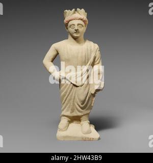 Art inspiré par la statuette Limestone d'un votaire mâle sans barbes avec une couronne de feuilles, hellénistique précoce, 4th siècle avant J.-C., chypriote, Limestone, H. 8 x 4 x 1 3/4 po (20,3 x 10,2 x 4,4 cm), Sculpture de pierre, jeune homme figure penchée sur la colonne, oeuvres classiques modernisées par Artotop avec une touche de modernité. Formes, couleur et valeur, impact visuel accrocheur sur l'art émotions par la liberté d'œuvres d'art d'une manière contemporaine. Un message intemporel qui cherche une nouvelle direction créative. Artistes qui se tournent vers le support numérique et créent le NFT Artotop Banque D'Images