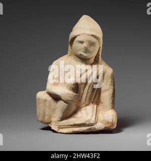 Art inspiré par la statuette Limestone d'un garçon de temple, Hellénistique précoce, 4th siècle avant J.-C., Cypriote, Limestone, Total : 10 1/2 x 7 1/2 x 2 1/2 pouces (26,7 x 19,1 x 6,4 cm), Sculpture en pierre, figure assise portant une casquette pointue et tenant un oiseau, oeuvres classiques modernisées par Artotop avec une touche de modernité. Formes, couleur et valeur, impact visuel accrocheur sur l'art émotions par la liberté d'œuvres d'art d'une manière contemporaine. Un message intemporel qui cherche une nouvelle direction créative. Artistes qui se tournent vers le support numérique et créent le NFT Artotop Banque D'Images