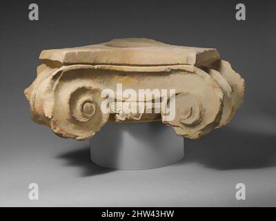 Art inspiré par Limestone votive Ionic capital, Hellenistic, ca. 3rd–1st Century C.-B., Cypriote, calcaire, total : 10 1/8 x 27 3/4 x 23 1/2 po. (25,7 x 70,5 x 59,7 cm), Sculpture de pierre, la forme triangulaire inhabituelle et la présence d'un creux dans le haut indiquent probablement que ceci, œuvres classiques modernisées par Artotop avec un peu de modernité. Formes, couleur et valeur, impact visuel accrocheur sur l'art émotions par la liberté d'œuvres d'art d'une manière contemporaine. Un message intemporel qui cherche une nouvelle direction créative. Artistes qui se tournent vers le support numérique et créent le NFT Artotop Banque D'Images