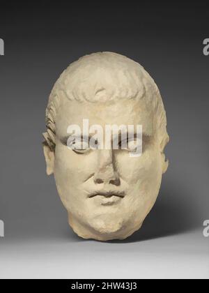 Art inspiré par Limestone tête de votary mâle sans barbus, Hellenistic, début du 1st siècle av. J.-C., Cypriote, Limestone, 10 7/8 x 8 1/4 x 7 po. (27,6 x 21 x 17,8 cm), Sculpture de pierre, la partie inférieure du visage est lourde, le menton s'en prend. La bouche à moitié ouverte a une expression grave. The, Classic œuvres modernisées par Artotop avec une touche de modernité. Formes, couleur et valeur, impact visuel accrocheur sur l'art émotions par la liberté d'œuvres d'art d'une manière contemporaine. Un message intemporel qui cherche une nouvelle direction créative. Artistes qui se tournent vers le support numérique et créent le NFT Artotop Banque D'Images