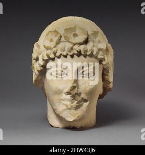 Art inspiré par la tête de mâle sans barbes Limestone avec une couronne de rosettes, archaïque tardive, début du 5th siècle avant J.-C., chypriote, calcaire, total: 10 x 7 x 8 3/4 po. (25,4 x 17,8 x 22,2 cm), Sculpture de pierre, tête de mâle avec couronne de grandes fleurs, oeuvres classiques modernisées par Artotop avec une touche de modernité. Formes, couleur et valeur, impact visuel accrocheur sur l'art émotions par la liberté d'œuvres d'art d'une manière contemporaine. Un message intemporel qui cherche une nouvelle direction créative. Artistes qui se tournent vers le support numérique et créent le NFT Artotop Banque D'Images