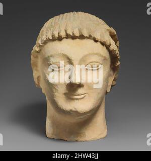 Art inspiré par Limestone tête d'un votaire mâle sans barbes avec une couronne de rosettes, archaïque, dernier quart du 6th siècle av. J.-C., chypriote, calcaire, total: 9 x 6 x 8 po. (22,9 x 15,2 x 20,3 cm), Sculpture de pierre, Chef d'un homme portant un fronton, oeuvres classiques modernisées par Artotop avec une touche de modernité. Formes, couleur et valeur, impact visuel accrocheur sur l'art émotions par la liberté d'œuvres d'art d'une manière contemporaine. Un message intemporel qui cherche une nouvelle direction créative. Artistes qui se tournent vers le support numérique et créent le NFT Artotop Banque D'Images