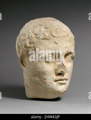 Art inspiré par la tête de Limestone d'un votaire mâle sans barbus, hellénistique tardif, mi-1st siècle avant J.-C., chypriote, Limestone, Total : 8 1/2 x 6 7/8 x 7 1/4 pouces (21,6 x 17,5 x 18,4 cm), Sculpture en pierre, Figure aux cheveux ondulés, oeuvres classiques modernisées par Artotop avec une touche de modernité. Formes, couleur et valeur, impact visuel accrocheur sur l'art émotions par la liberté d'œuvres d'art d'une manière contemporaine. Un message intemporel qui cherche une nouvelle direction créative. Artistes qui se tournent vers le support numérique et créent le NFT Artotop Banque D'Images