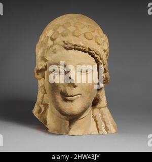 Art inspiré par Limestone tête d'un votataire femelle, archaïque, début du 5th siècle av. J.-C., chypriote, calcaire, total: 13 x 10 x 10 po. (33 x 25,4 x 25,4 cm), Sculpture de pierre, tête féminine avec double fronlet de rosettes, collier, et boucles d'oreilles élaborées, œuvres classiques modernisées par Artotop avec une touche de modernité. Formes, couleur et valeur, impact visuel accrocheur sur l'art émotions par la liberté d'œuvres d'art d'une manière contemporaine. Un message intemporel qui cherche une nouvelle direction créative. Artistes qui se tournent vers le support numérique et créent le NFT Artotop Banque D'Images