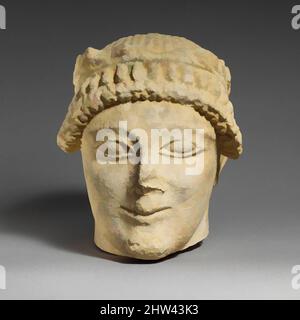 Art inspiré par Limestone tête d'un votaire mâle sans barbes avec une couronne de feuilles, 2nd quart du 5th siècle avant J.-C., Cypriote, Limestone, total: 8 1/2 x 8 x 8 po. (21,6 x 20,3 x 20,3 cm), Sculpture de pierre, oeuvres classiques modernisées par Artotop avec une touche de modernité. Formes, couleur et valeur, impact visuel accrocheur sur l'art émotions par la liberté d'œuvres d'art d'une manière contemporaine. Un message intemporel qui cherche une nouvelle direction créative. Artistes qui se tournent vers le support numérique et créent le NFT Artotop Banque D'Images