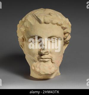 Art inspiré par Limestone tête barbu avec une couronne de feuilles, 2nd Century B.C., Cypriote, Limestone, total: 9 x 7 1/4 x 7 1/4 po. (22,9 x 18,4 x 18,4 cm), Sculpture en pierre, tête de barbe avec couronne de feuilles, œuvres classiques modernisées par Artotop avec une touche de modernité. Formes, couleur et valeur, impact visuel accrocheur sur l'art émotions par la liberté d'œuvres d'art d'une manière contemporaine. Un message intemporel qui cherche une nouvelle direction créative. Artistes qui se tournent vers le support numérique et créent le NFT Artotop Banque D'Images