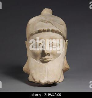 Art inspiré par Limestone tête d'un mâle barbu portant un casque conique, archaïque, première moitié du 6th siècle avant J.-C., chypriote, Limestone, total: 14 1/2 x 9 x 13 1/2 po. (36,8 x 22,9 x 34,3 cm), Pierre Sculpture, la barbe lisse avec une incision centrale et quatre courbes délimitant, Classic œuvres modernisées par Artotop avec une touche de modernité. Formes, couleur et valeur, impact visuel accrocheur sur l'art émotions par la liberté d'œuvres d'art d'une manière contemporaine. Un message intemporel qui cherche une nouvelle direction créative. Artistes qui se tournent vers le support numérique et créent le NFT Artotop Banque D'Images