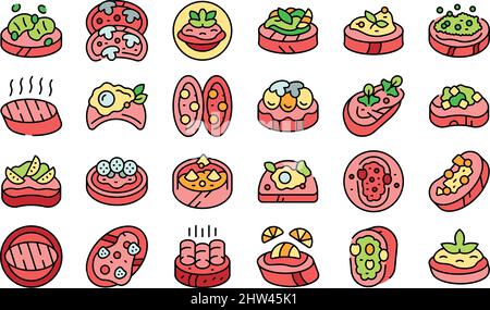 Les icônes bruschetta définissent le vecteur de contour.Fromage.Plat italien Illustration de Vecteur